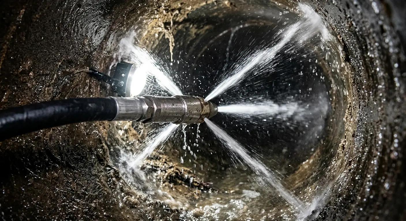 High-pressure hydro jetting nozzle cleaning sewer pipe for Trenchless Sewer Repair in Delray Beach