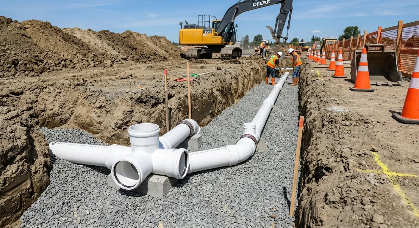 New PVC sewer pipe installation in open trench for Sewer Backup in Delray Beach