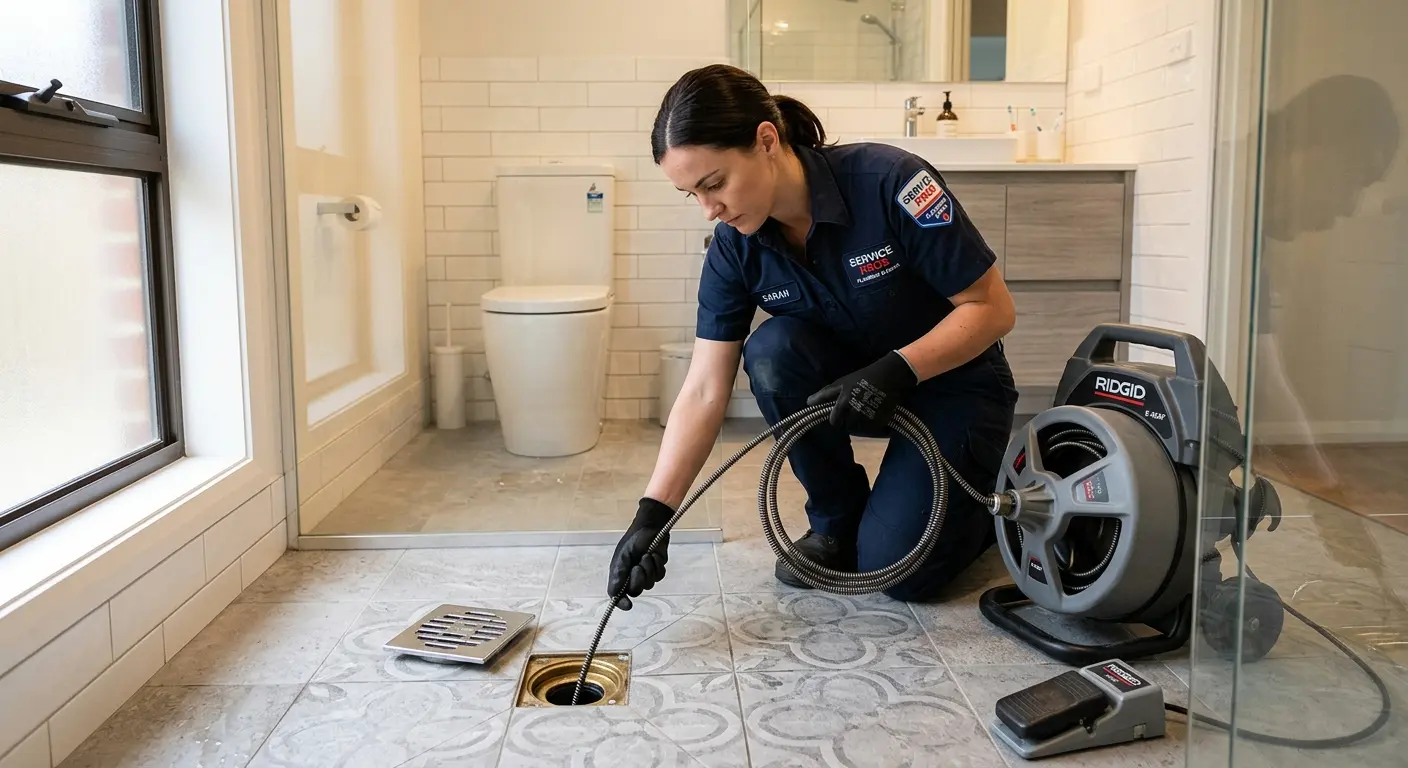 Technician clearing a bathroom floor drain for Sewer Line Replacement in Delray Beach